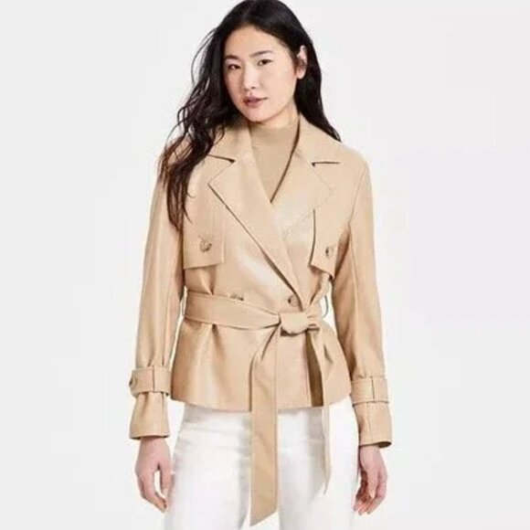 Anne Klein Jackets & Blazers - Anne Klein Womens Faux-Leather Belted Trench Jacket Cream 14 NEW